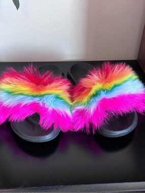 Source Unknown Rainbow Fuzzy Slide Sandals - Hot Pink Multicolor